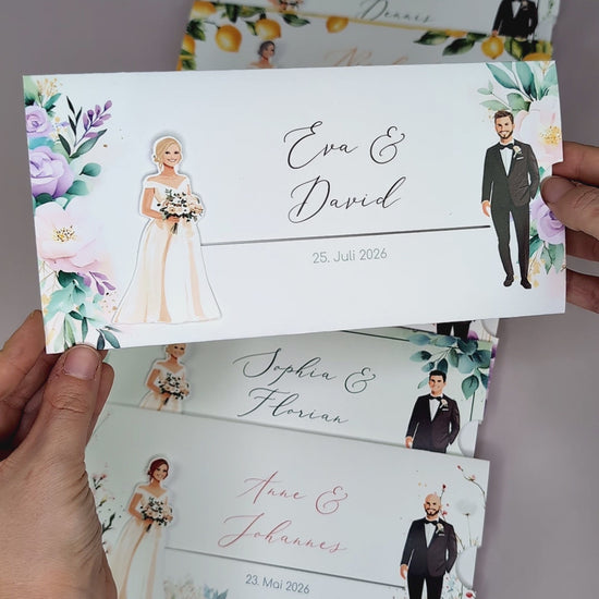 Hochzeitseinladung – Ziehkarte mit Brautpaar und Blumen-Motiv
