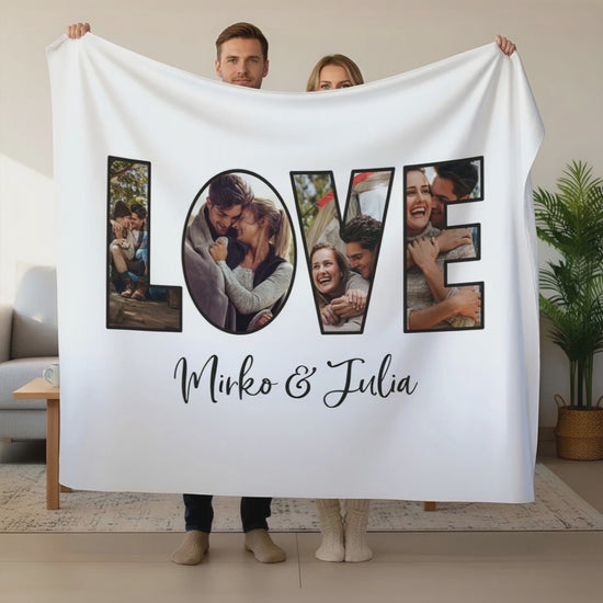 Foto-Kuscheldecke mit eigenem Text und "LOVE"-Motiv mit 4 integrierten Fotos als Geschenk zur Hochzeit oder zum Valentinstag