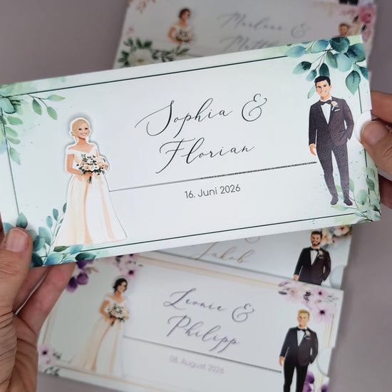 Hochzeitseinladung – Ziehkarte mit Brautpaar und Zweigen-Motiv