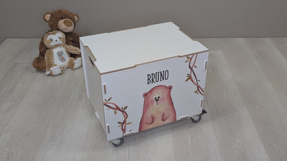 Personalisierte Rollbox aus Holz mit Bären-Motiv von clipfritz | Spielzeugkiste für Kinder mit Name