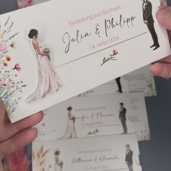 Hochzeitseinladung - Ziehkarte mit Brautpaar und Wiesenblumen-Hintergrund