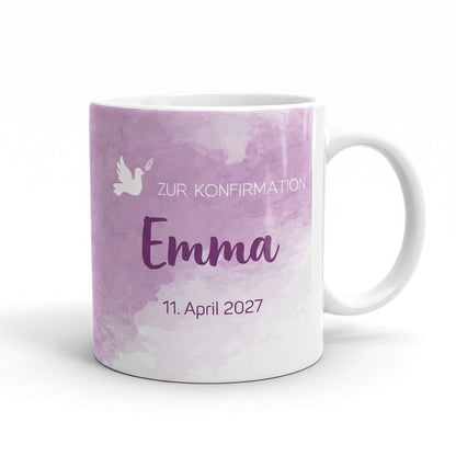 Tasse zur Konfirmation - mit Name und Datum in violett