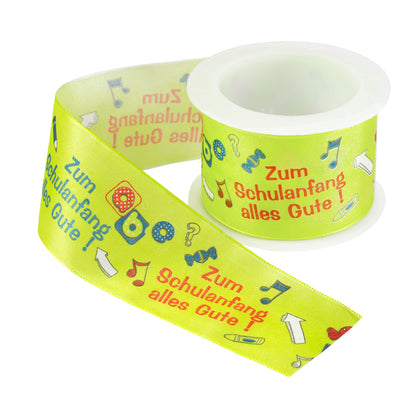Geschenkband Schulanfang auf weißem Hintergrund mit Polyestersatin-Band und Aufschrift Zum Schulanfang alles Gute