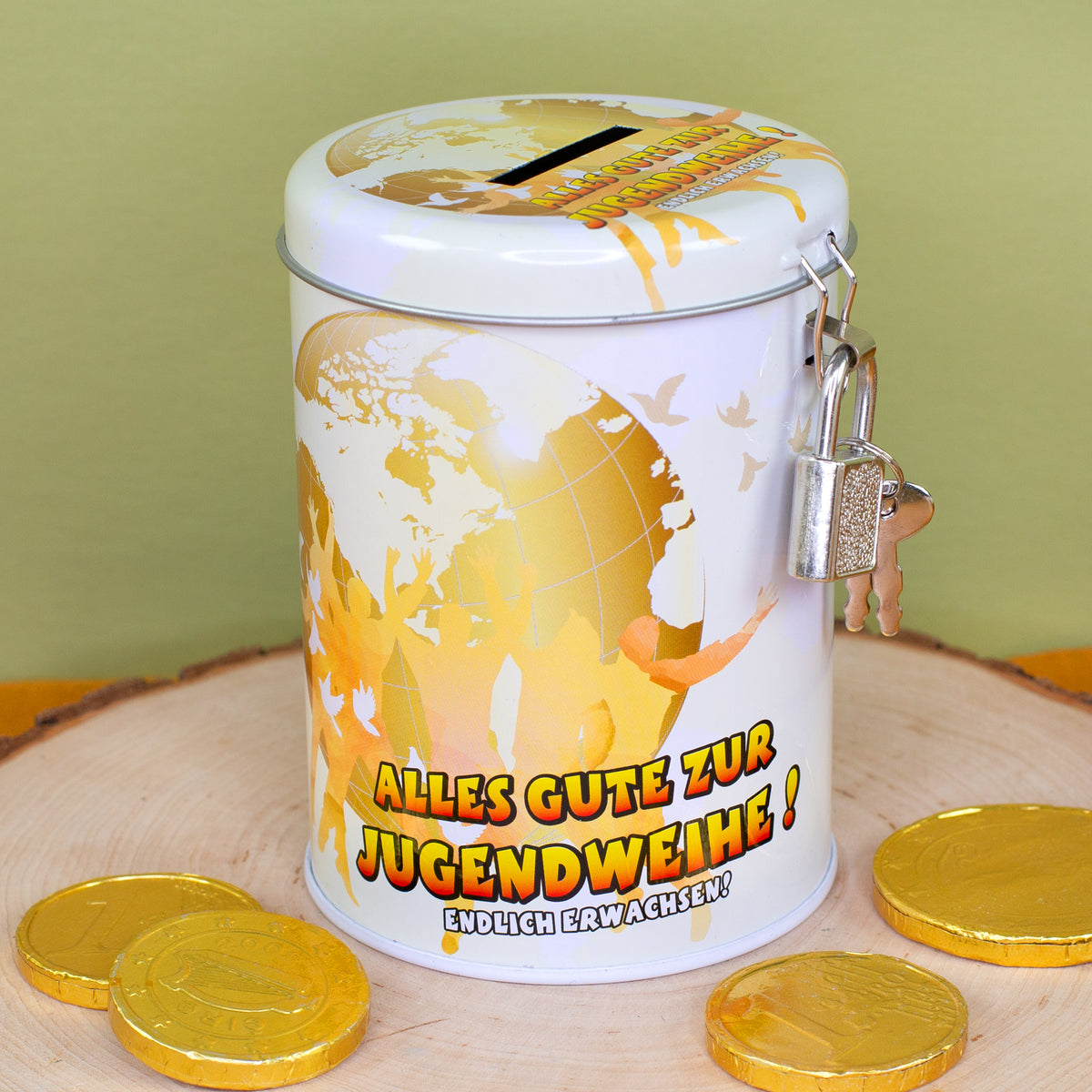 Weiße Spardose zur Jugendweihe mit goldenem Design und Schokoladenmünzen