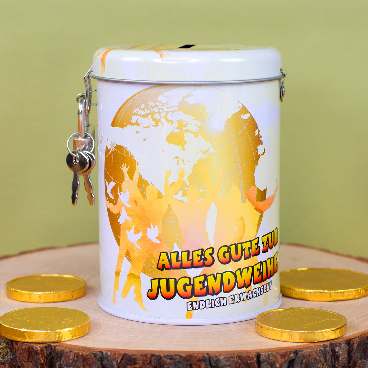 Rückseite der Spardose zur Jugendweihe mit goldenem Weltkugel-Motiv