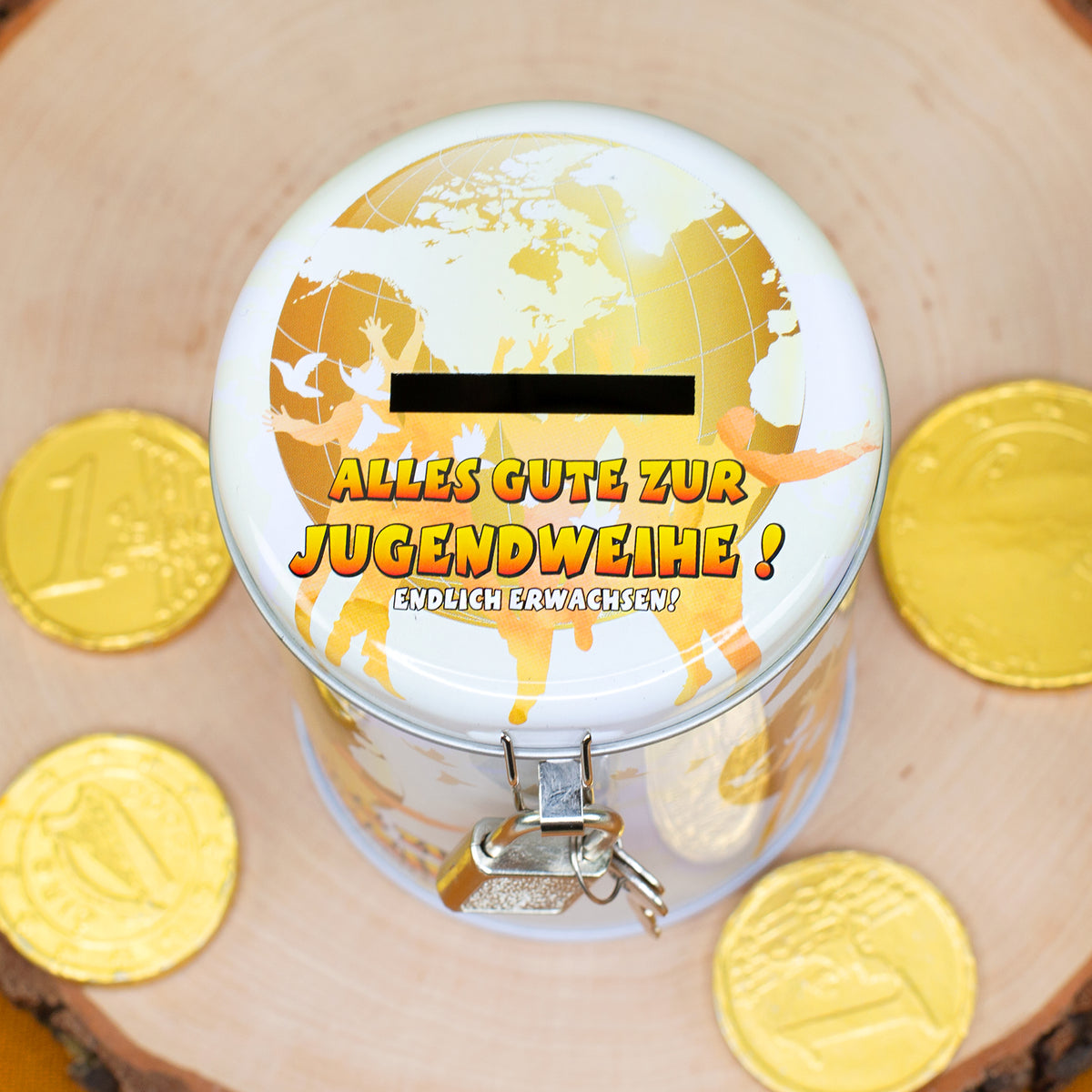 Spardose mit Schloss zur Jugendweihe von oben mit Einwurfschlitz und goldenem Motiv