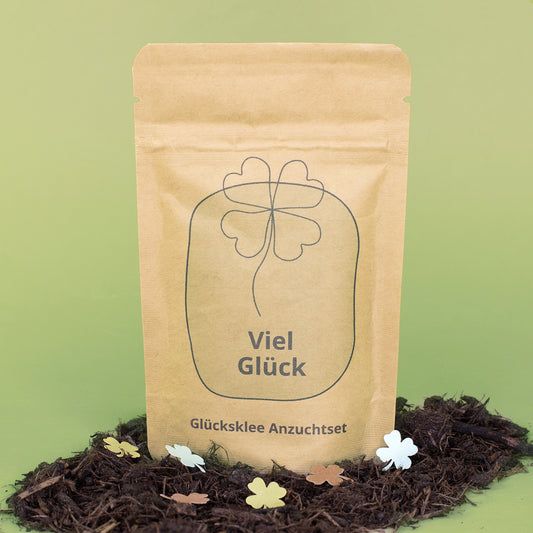 Viel Glück Anzuchtset in brauner Kraftpapiertüte mit Kleeblatt-Motiv zwischen Erde und Streudeko