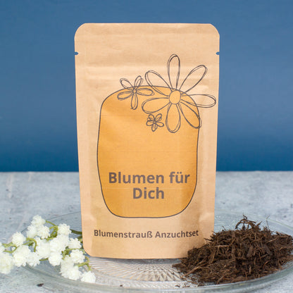 Blumen für Dich Anzuchtset in brauner Tüte mit gelbem Blumenmotiv, dekorativ platziert auf einer Glasplatte mit Kokoserde und kleinen weißen Blüten