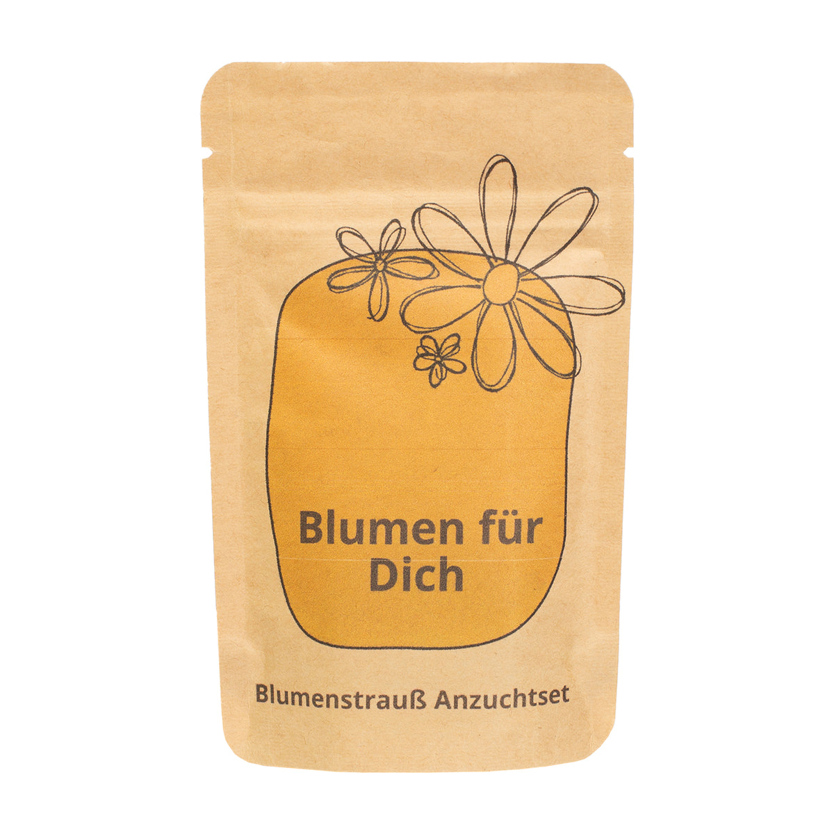 Freisteller vom Blumen für Dich Anzuchtset in brauner Tüte mit gelbem Blumenmotiv und Schriftzug Blumen für Dich auf weißem Hintergrund