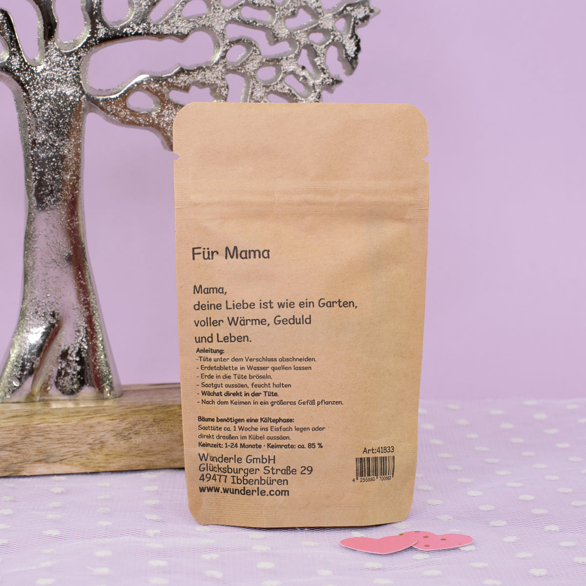 Rückseite vom Für Mama Anzuchtset mit Anleitung und Produktinformationen