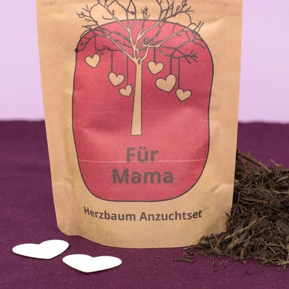 Für Mama Herzbaum Anzuchtset in Geschenkverpackung mit silbernem Deko-Baum im Hintergrund