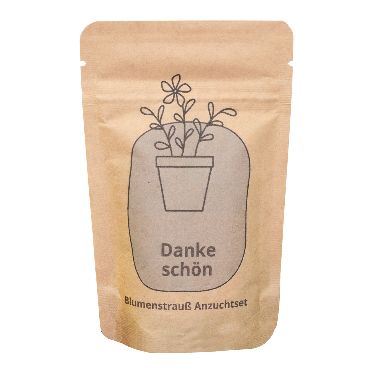 Freigestelltes Danke schön Anzuchtset in brauner Kraftpapiertüte mit Blumenmotiv