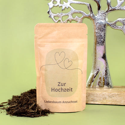 Zur Hochzeit Anzuchtset in Kraftpapiertüte mit Herzmotiv, Erde und silbernem Deko-Baum im Hintergrund