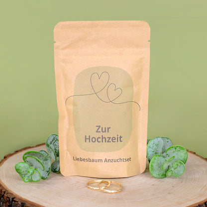 Liebesbaum Anzuchtset zur Hochzeit auf Holzscheibe mit grüner Deko und goldfarbenen Ringen