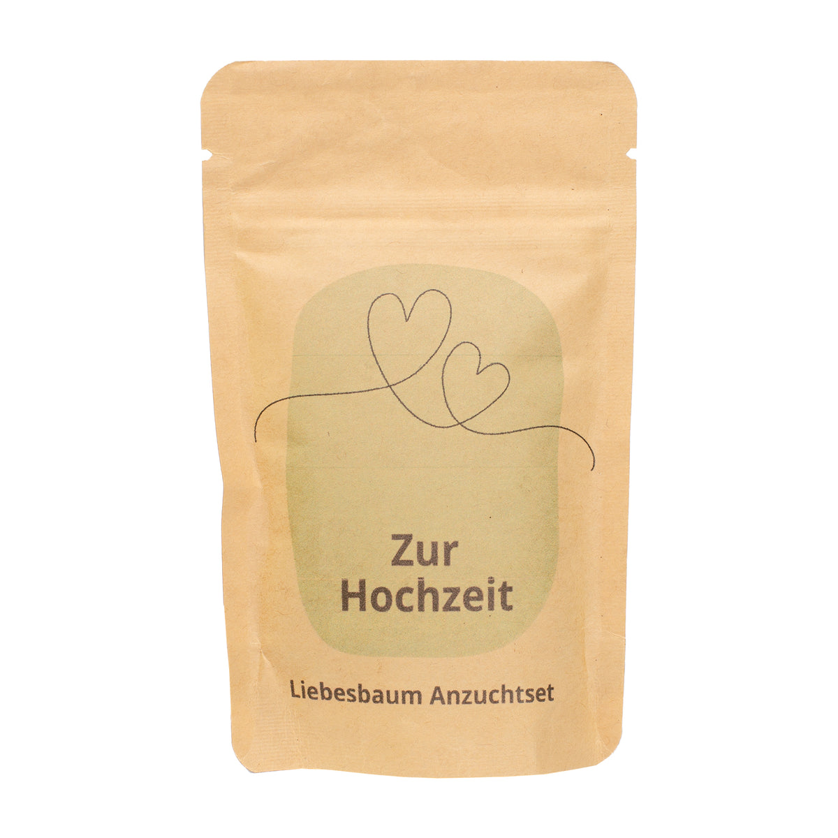 Freigestelltes Zur Hochzeit Anzuchtset in brauner Kraftpapiertüte mit Herzmotiv und Schriftzug Liebesbaum Anzuchtset